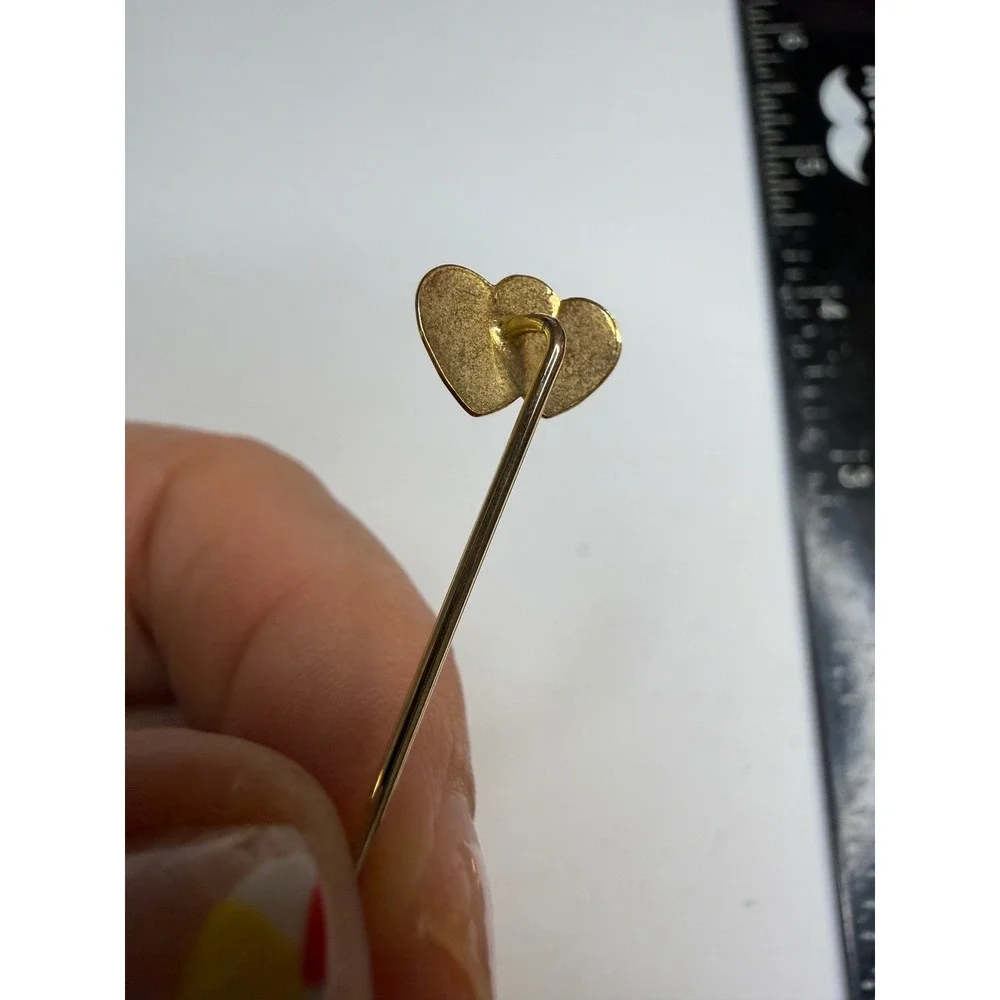 Gold Tone Double Heart Stick Pin Lapel Scarf Hat Accessory